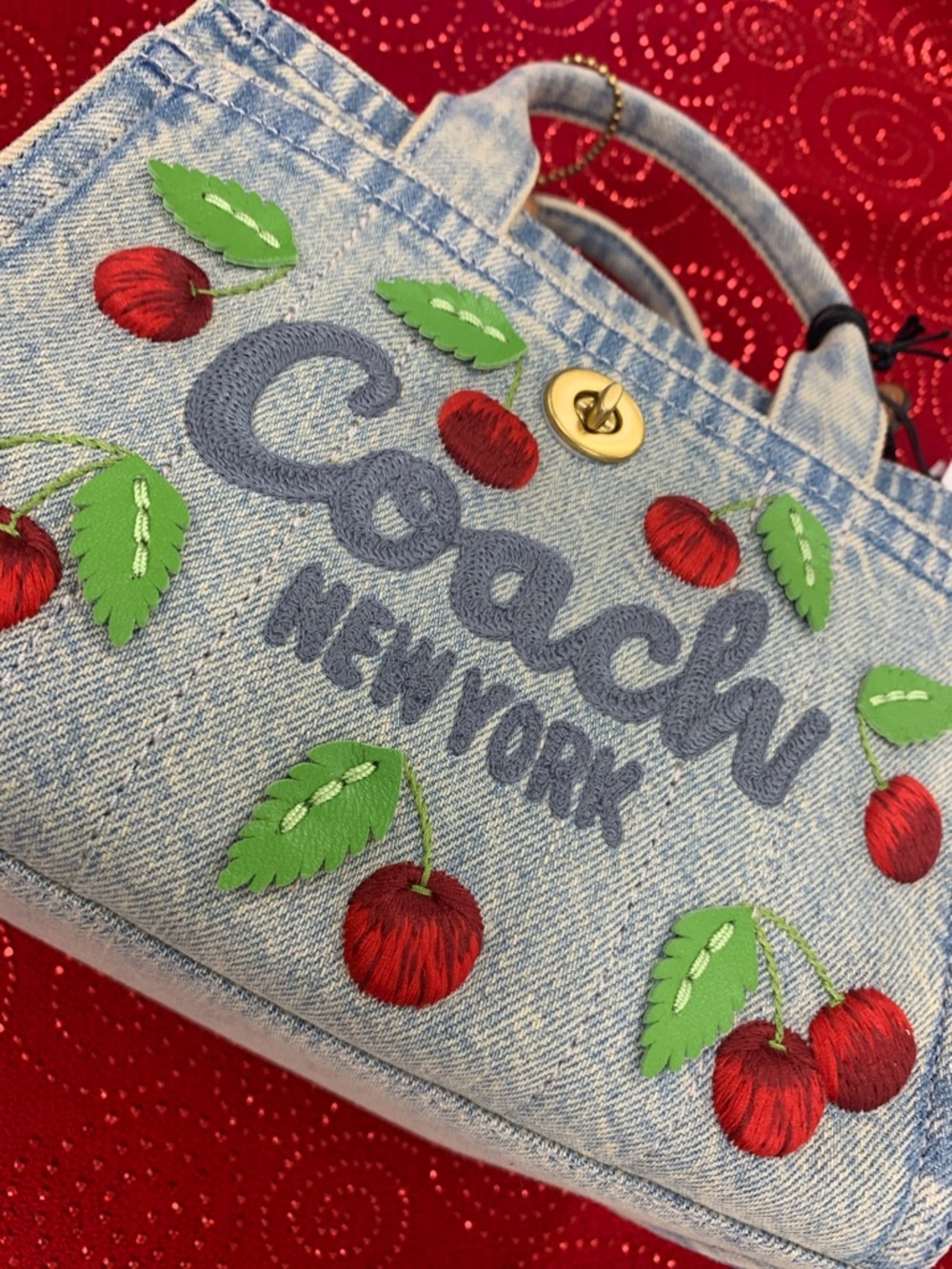 Coach Light Blue Denim Mini Tote with Red Cherry Embroidery - Picture 13 of 15